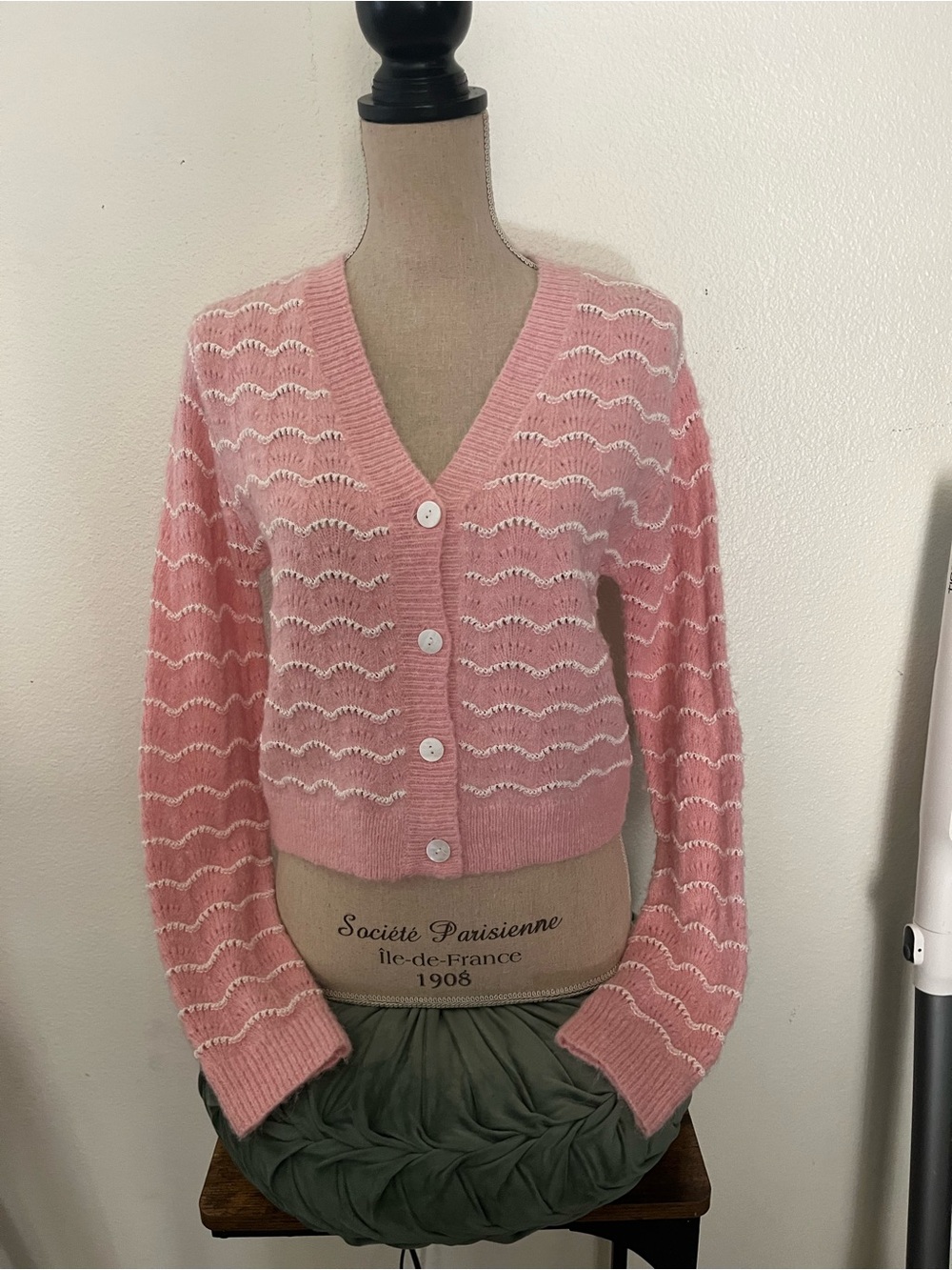 Lush Pink Cropped Open-Knit V-Neck Button Cardigan